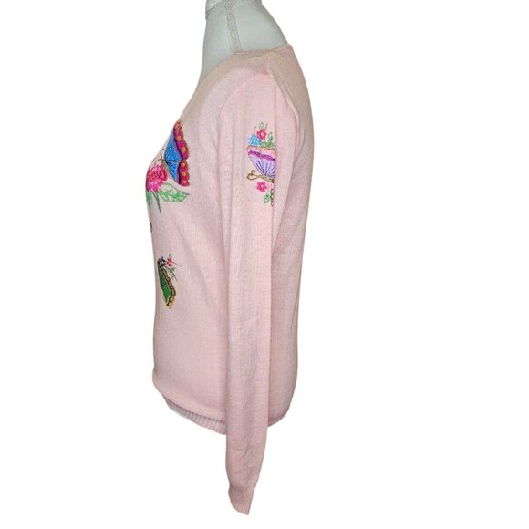 Retro 70s Womens Medium Sweater‎ Pink Embroidered Butterflies Flowers - Picture 2 of 9